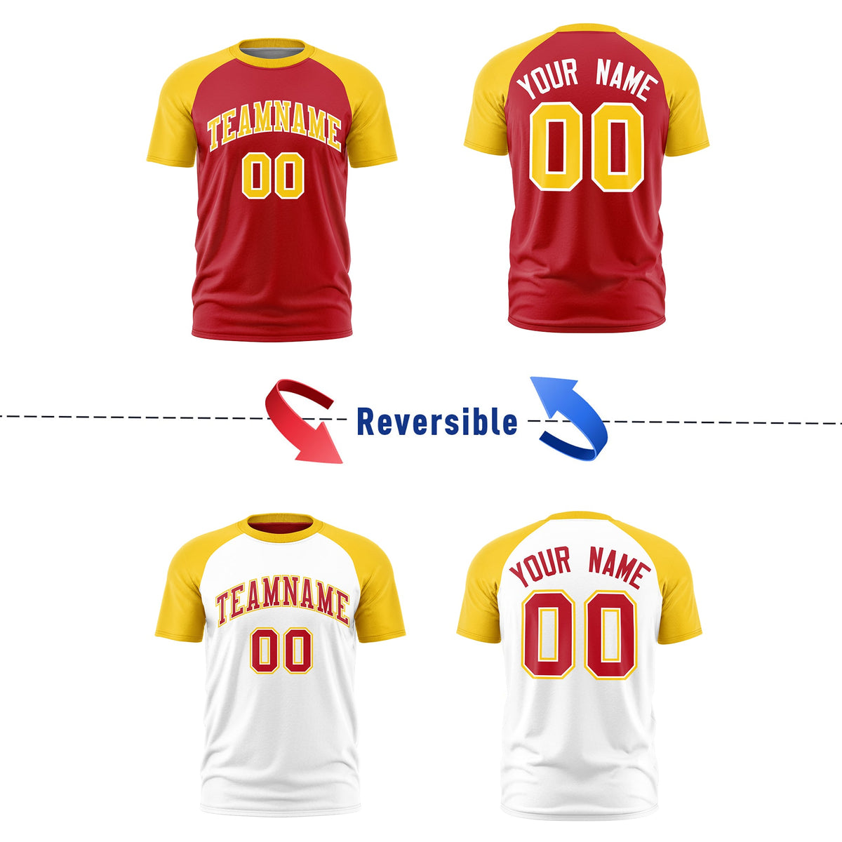 Custom Red Gold White Reversible Raglan Sleeves Moisture-Wicking T-shirt| KXKSHOP