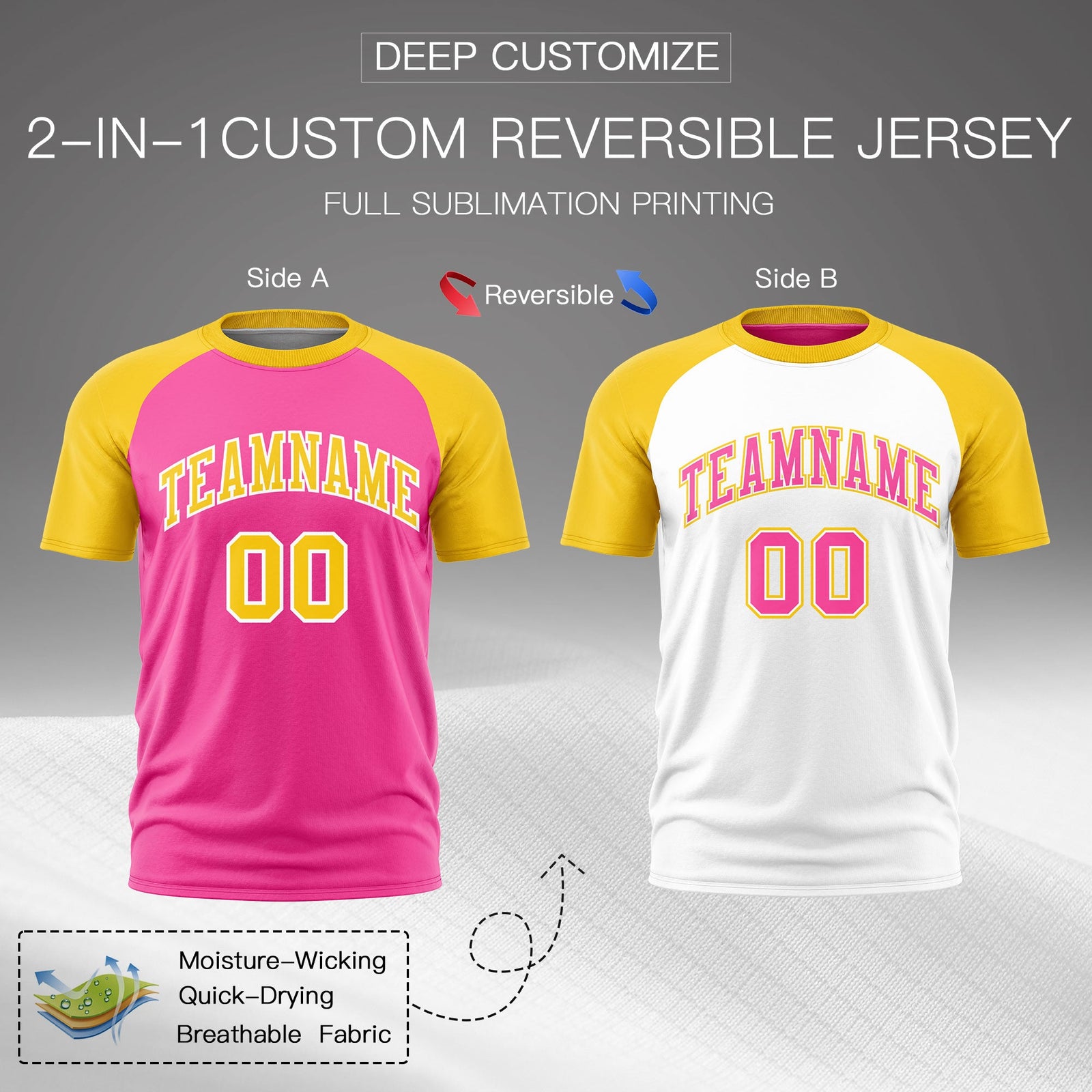Custom Pink Gold White Reversible Raglan Sleeves Quick Dry T-shirt| KXKSHOP