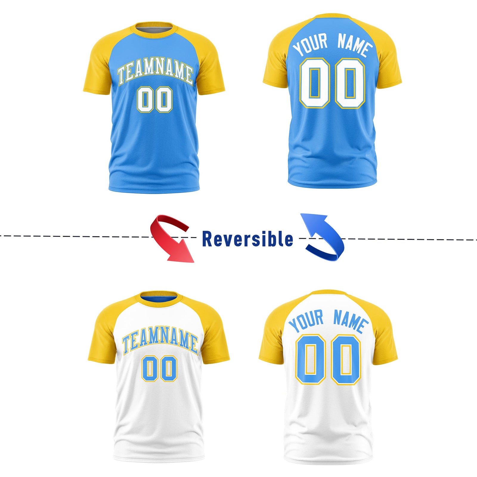 Custom Powder Blue Gold White Reversible Raglan Sleeves Moisture-Wicking T-shirt| KXKSHOP