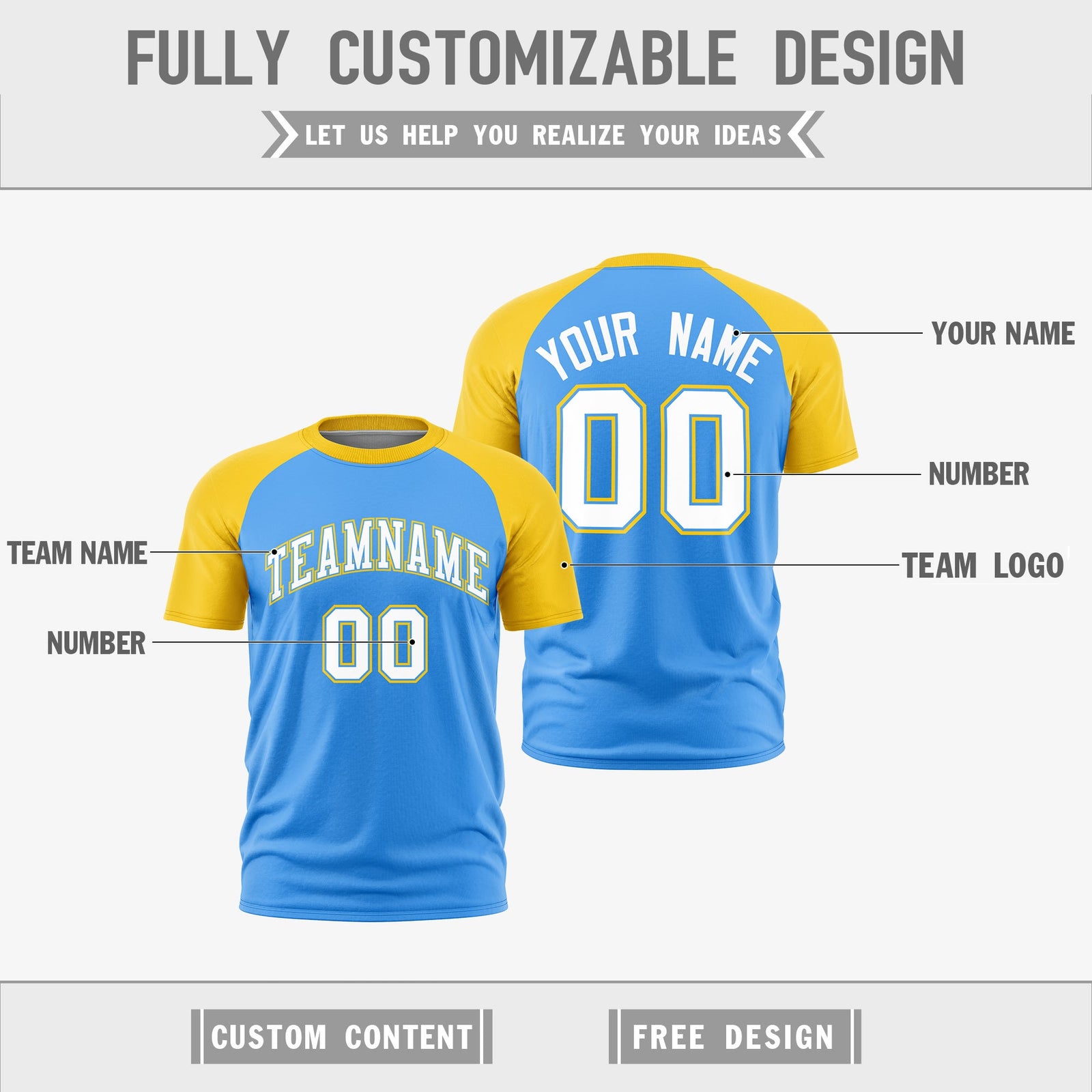 Custom Powder Blue Gold White Reversible Raglan Sleeves Moisture-Wicking T-shirt| KXKSHOP