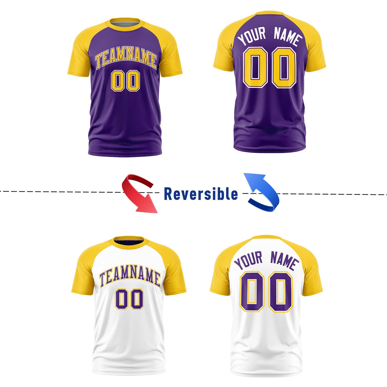 Custom Purple Gold White Reversible Raglan Sleeves Quick Dry T-shirt| KXKSHOP