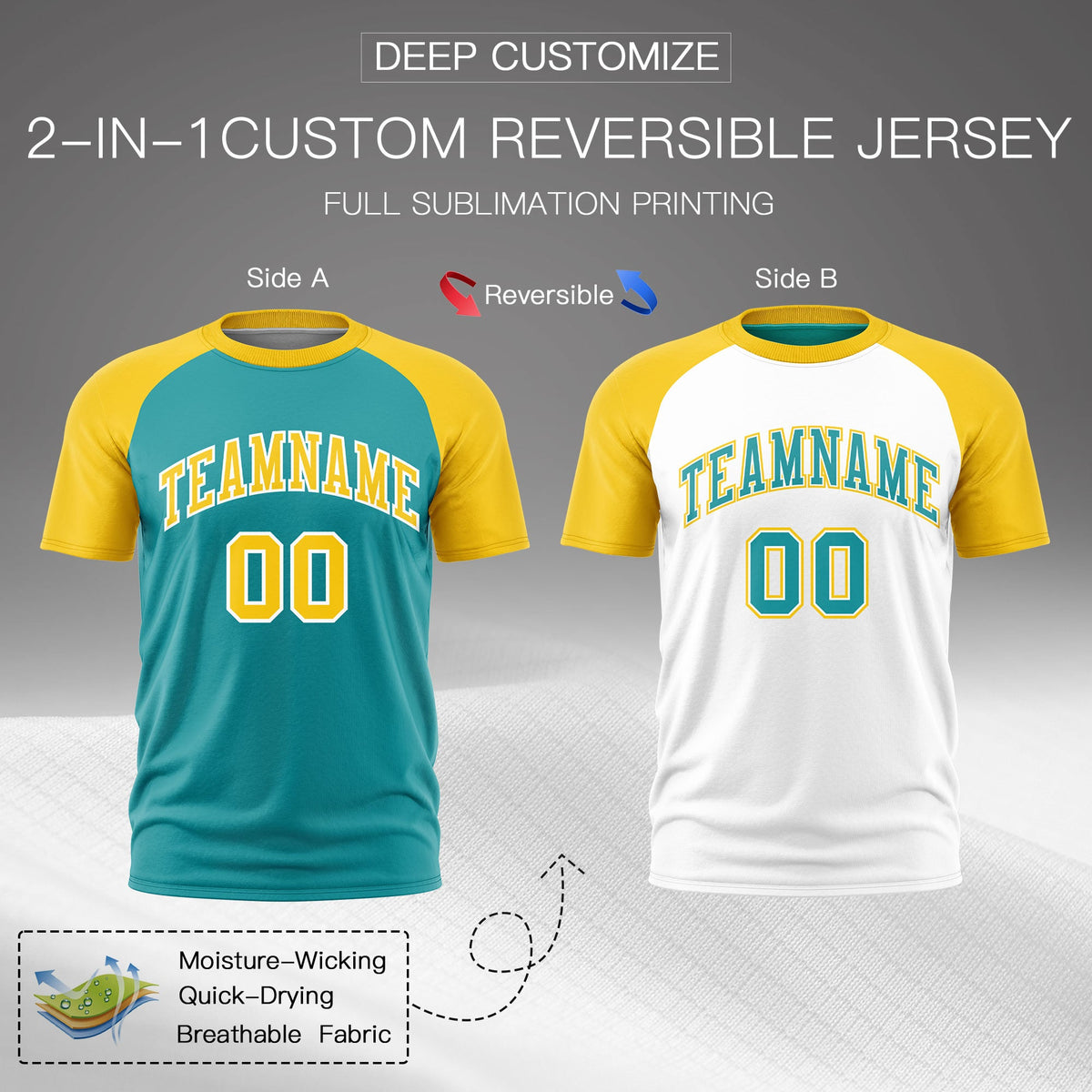 Custom Aqua Gold White Reversible Raglan Sleeves Moisture-Wicking T-shirt| KXKSHOP