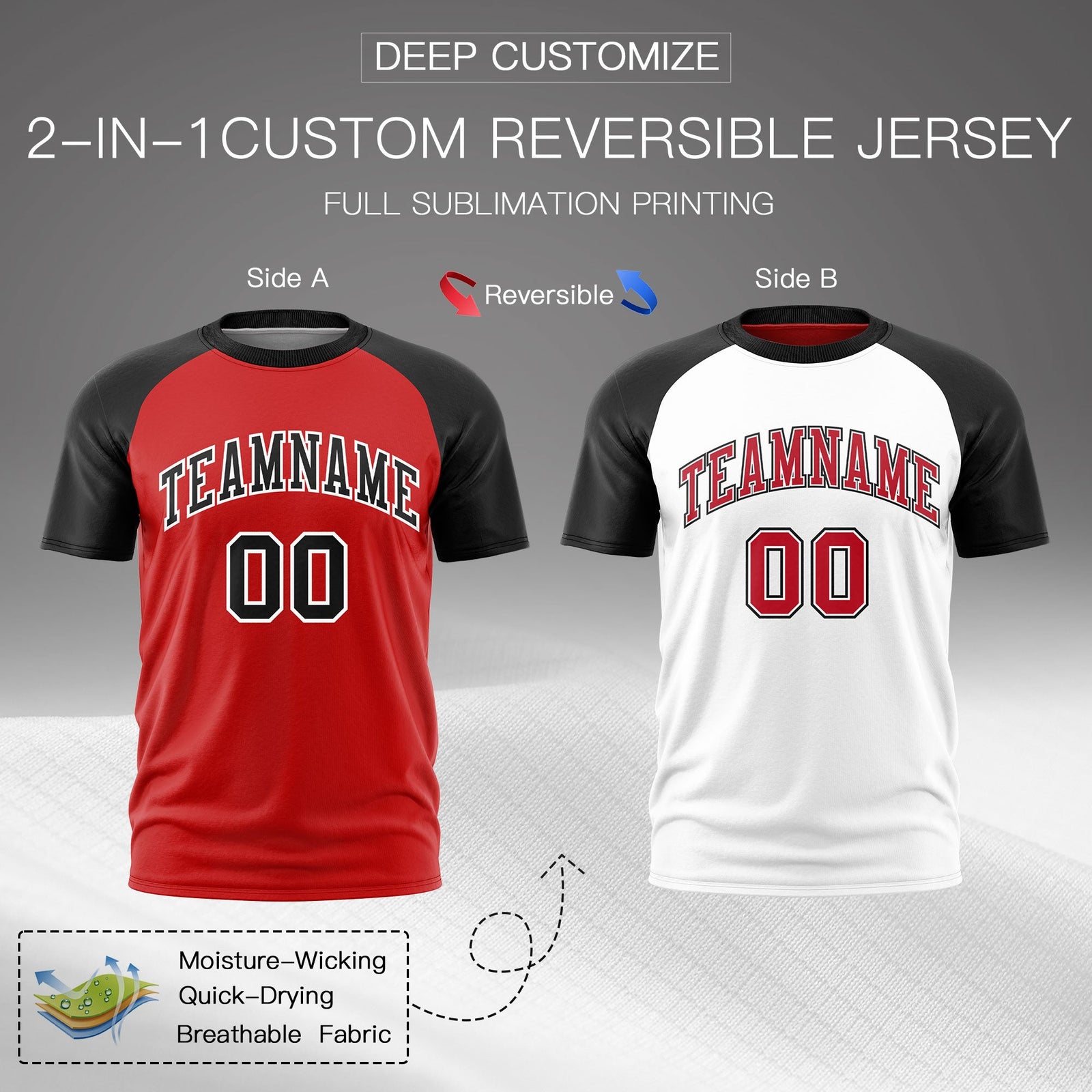 Custom Red Black White Reversible Raglan Sleeves Quick Dry T-shirt| KXKSHOP