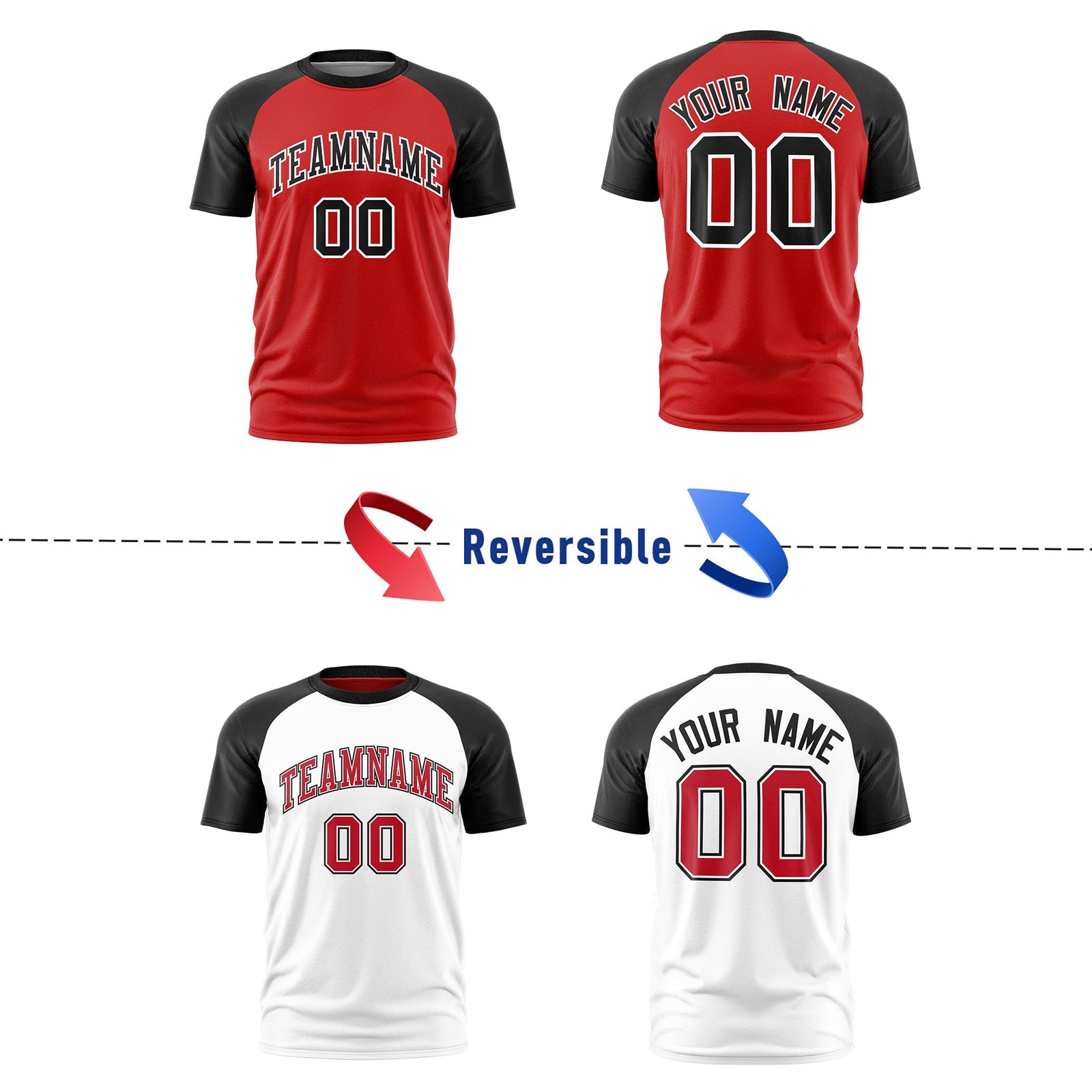 Custom Red Black White Reversible Raglan Sleeves Quick Dry T-shirt| KXKSHOP