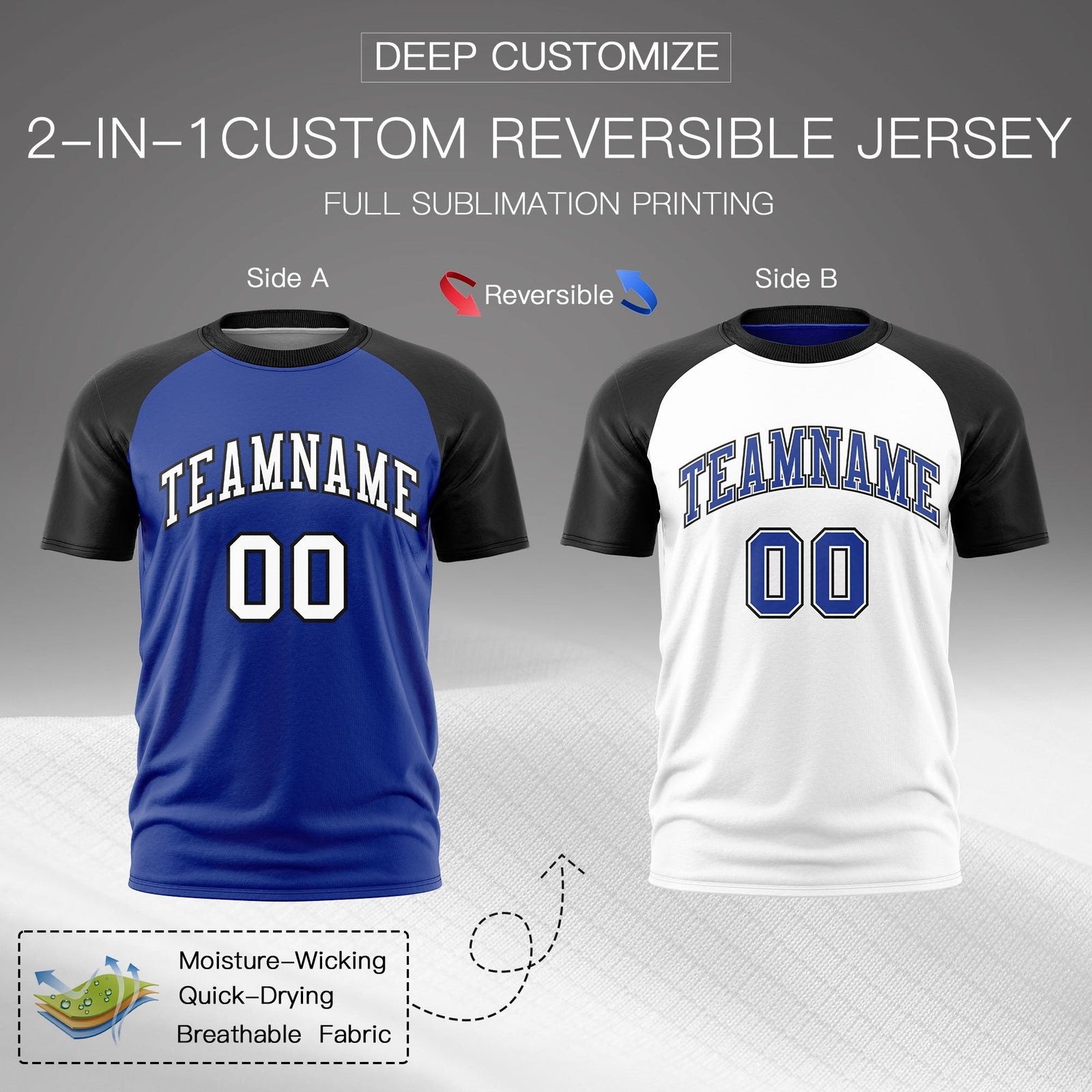 Custom Royal Blue Black White Reversible Raglan Sleeves Moisture-Wicking T-shirt| KXKSHOP