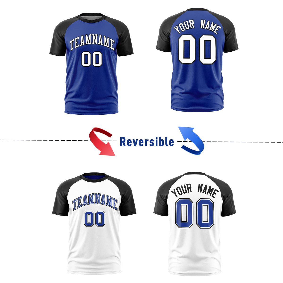 Custom Royal Blue Black White Reversible Raglan Sleeves Moisture-Wicking T-shirt| KXKSHOP