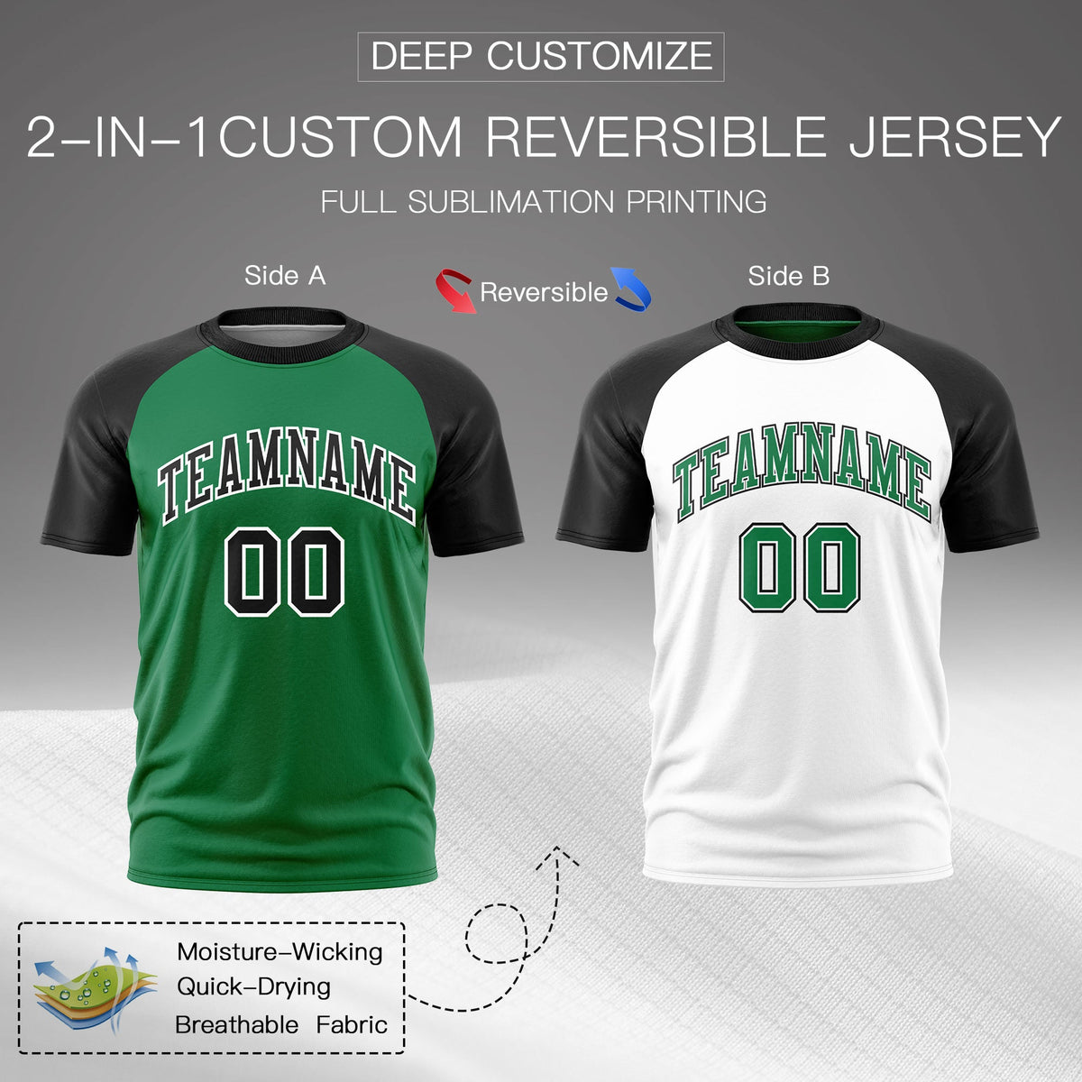 Custom Kelly Green Black White Reversible Raglan Sleeves Quick Dry T-shirt| KXKSHOP