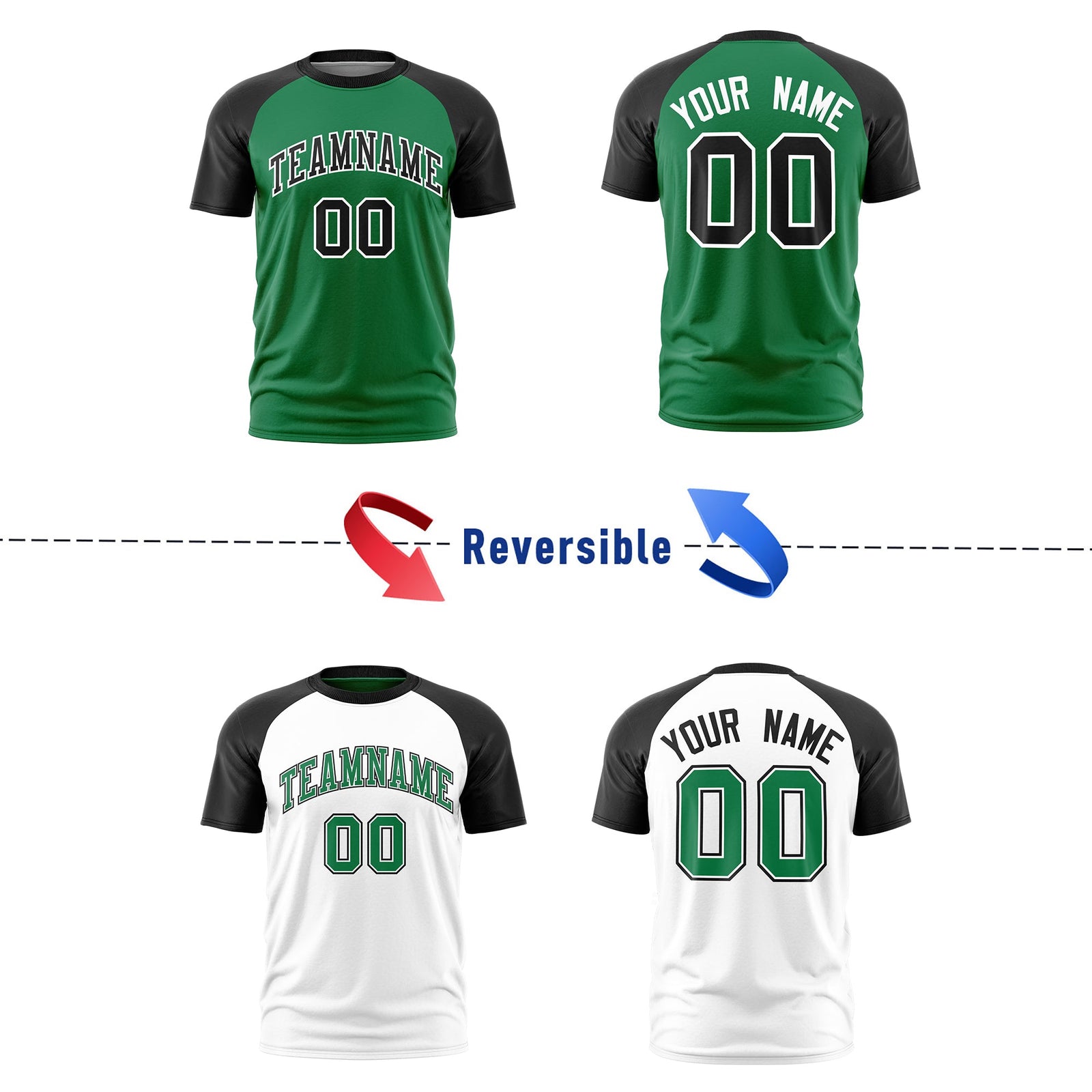 Custom Kelly Green Black White Reversible Raglan Sleeves Quick Dry T-shirt| KXKSHOP