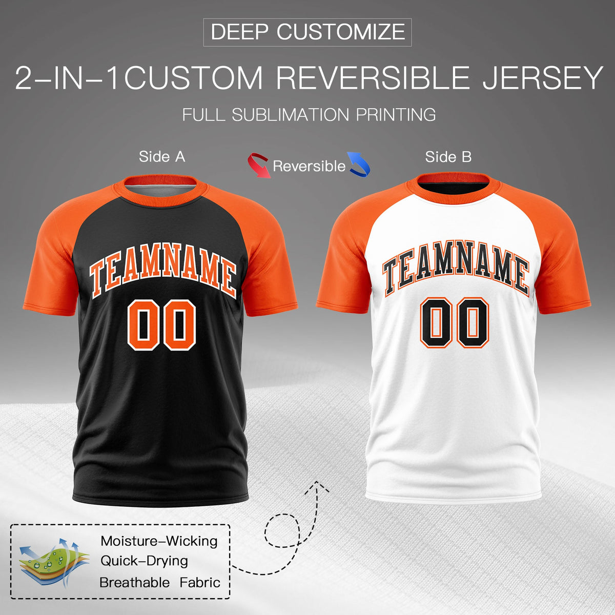 Custom Black Orange White Reversible Raglan Sleeves Quick Dry T-shirt| KXKSHOP