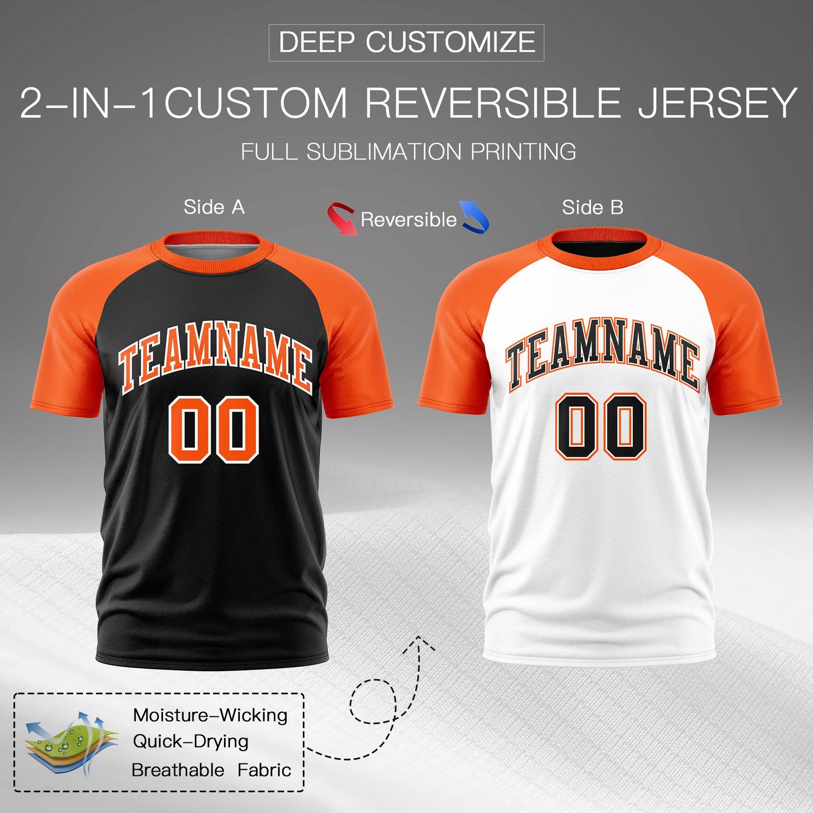 Custom Black Orange White Reversible Raglan Sleeves Quick Dry T-shirt| KXKSHOP