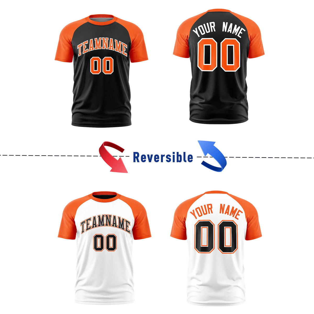 Custom Black Orange White Reversible Raglan Sleeves Quick Dry T-shirt| KXKSHOP