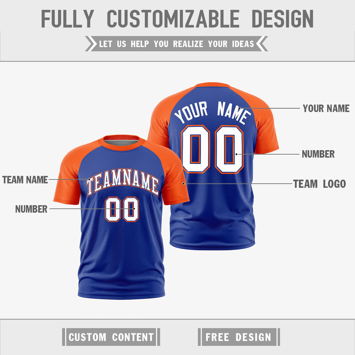 Custom Royal Blue Orange White Reversible Raglan Sleeves Moisture-Wicking T-shirt| KXKSHOP