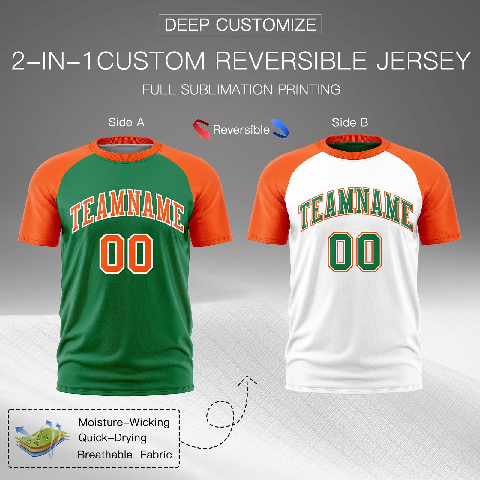 Custom Kelly Green Orange White Reversible Raglan Sleeves Quick Dry T-shirt| KXKSHOP