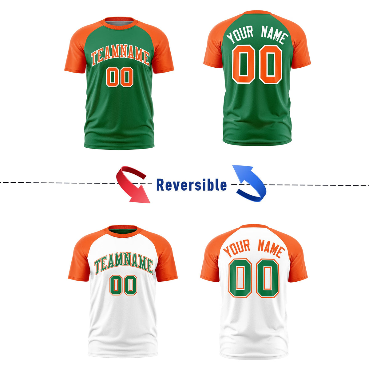Custom Kelly Green Orange White Reversible Raglan Sleeves Quick Dry T-shirt| KXKSHOP