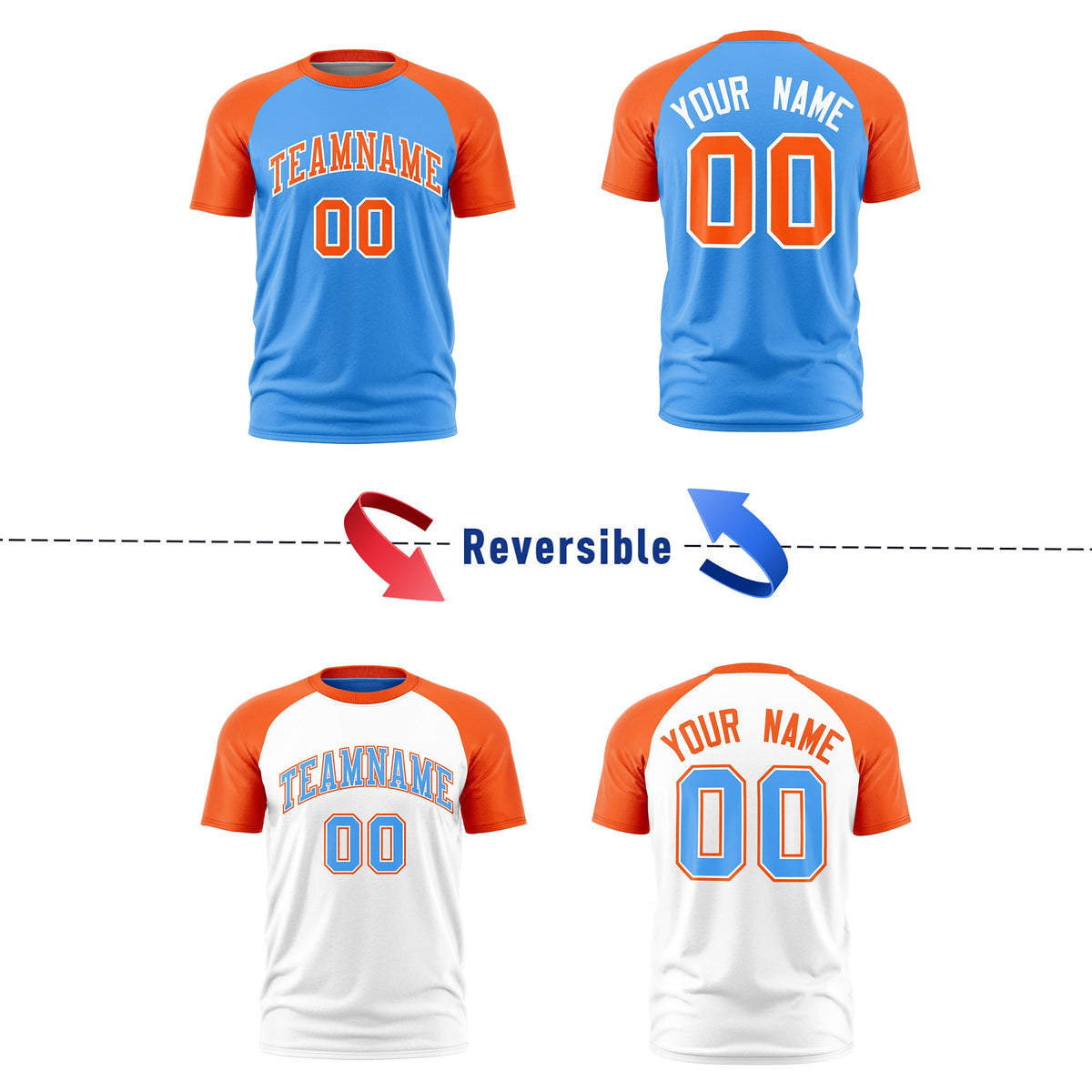 Custom Powder Blue Orange White Reversible Raglan Sleeves Moisture-Wicking T-shirt| KXKSHOP