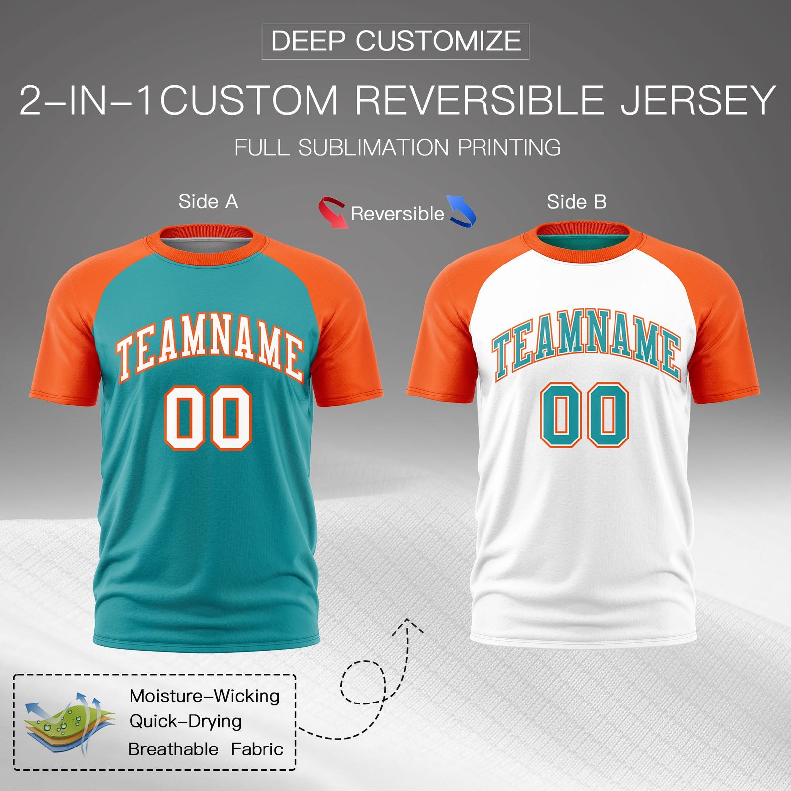 Custom Aqua Orange White Reversible Raglan Sleeves Quick Dry T-shirt| KXKSHOP