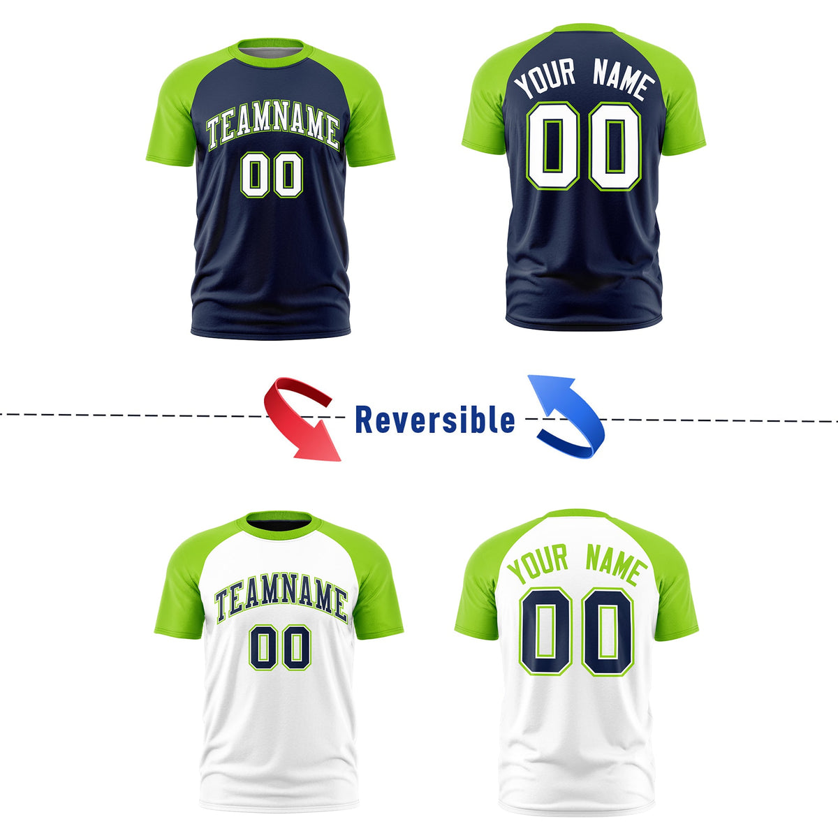 Custom Navy Neon Green White Reversible Raglan Sleeves Quick Dry T-shirt| KXKSHOP