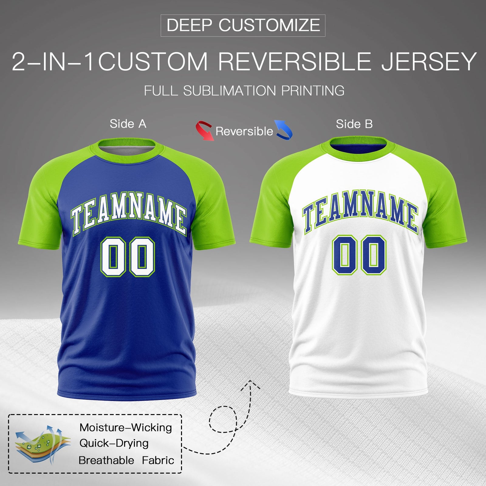 Custom Royal Blue Neon Green White Reversible Raglan Sleeves Moisture-Wicking T-shirt| KXKSHOP
