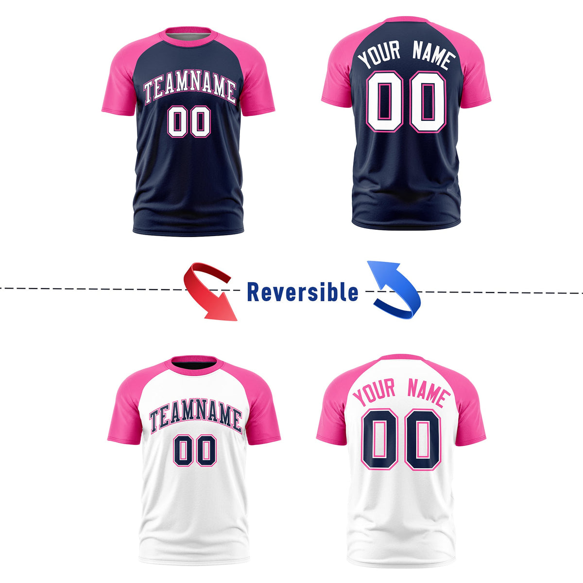 Custom White Pink Navy Reversible Raglan Sleeves Moisture-Wicking T-shirt| KXKSHOP