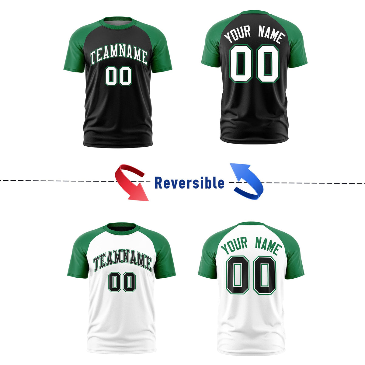 Custom Black Kelly Green White Reversible Raglan Sleeves Moisture-Wicking T-shirt| KXKSHOP