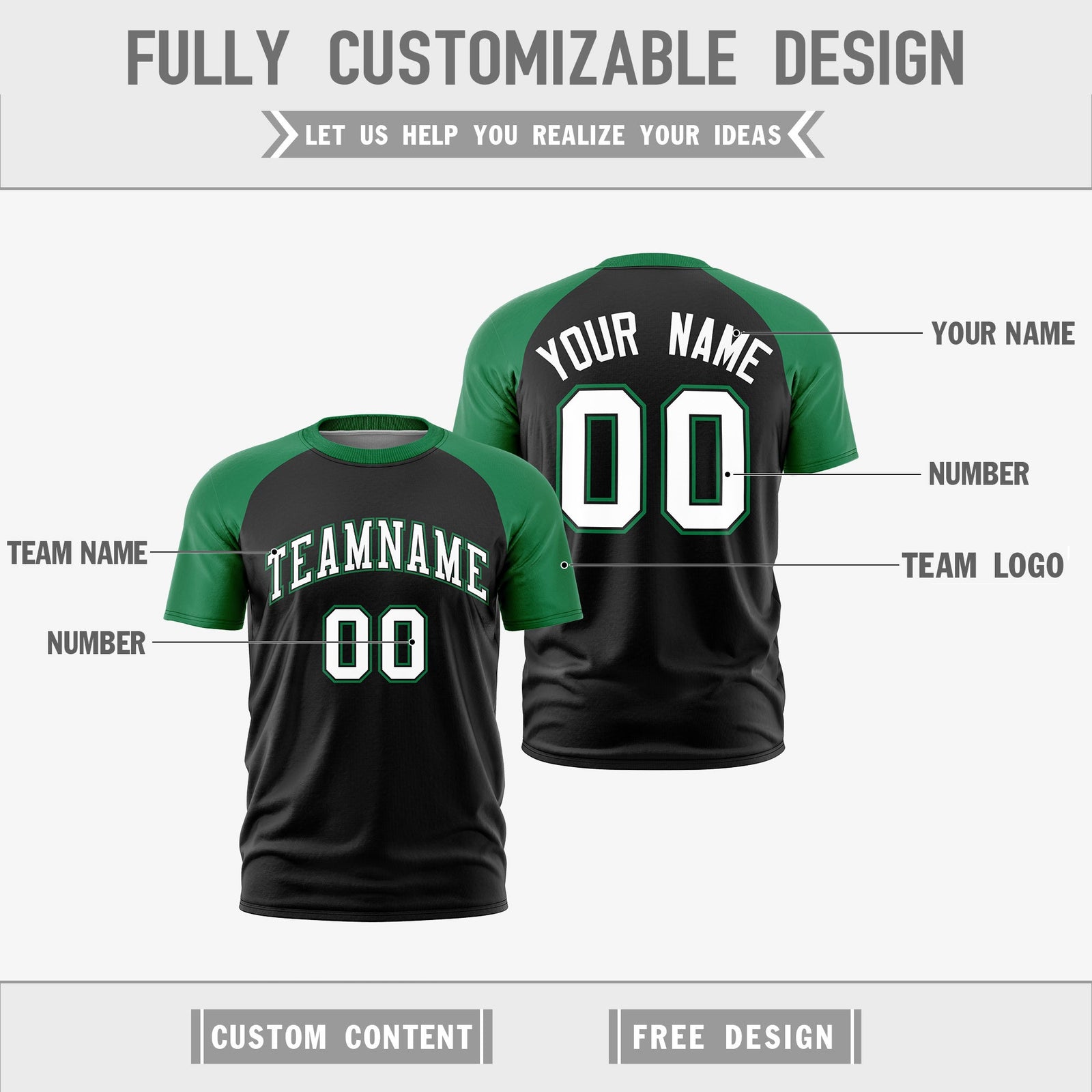 Custom Black Kelly Green White Reversible Raglan Sleeves Moisture-Wicking T-shirt| KXKSHOP