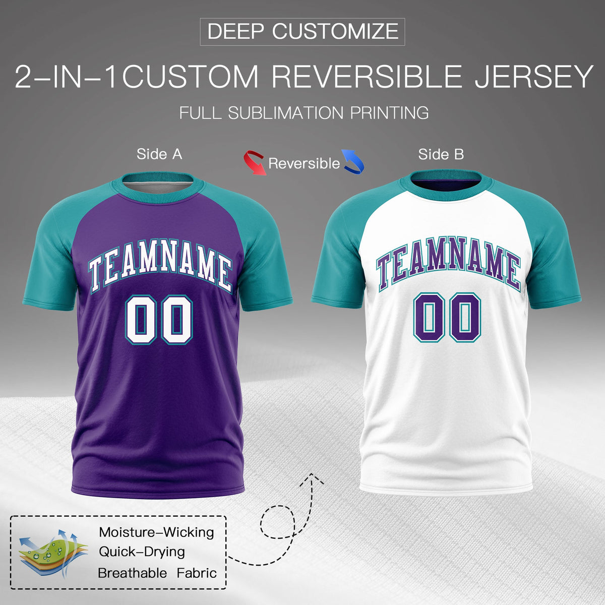 Custom Purple Teal White Reversible Raglan Sleeves Quick Dry T-shirt| KXKSHOP