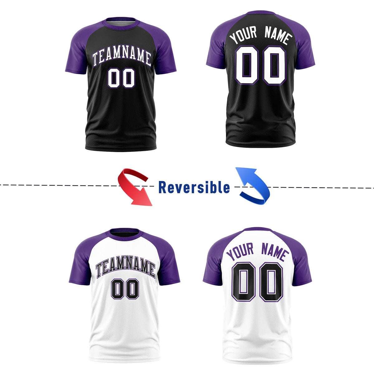 Custom Black Purple White Reversible Raglan Sleeves Moisture-Wicking T-shirt| KXKSHOP