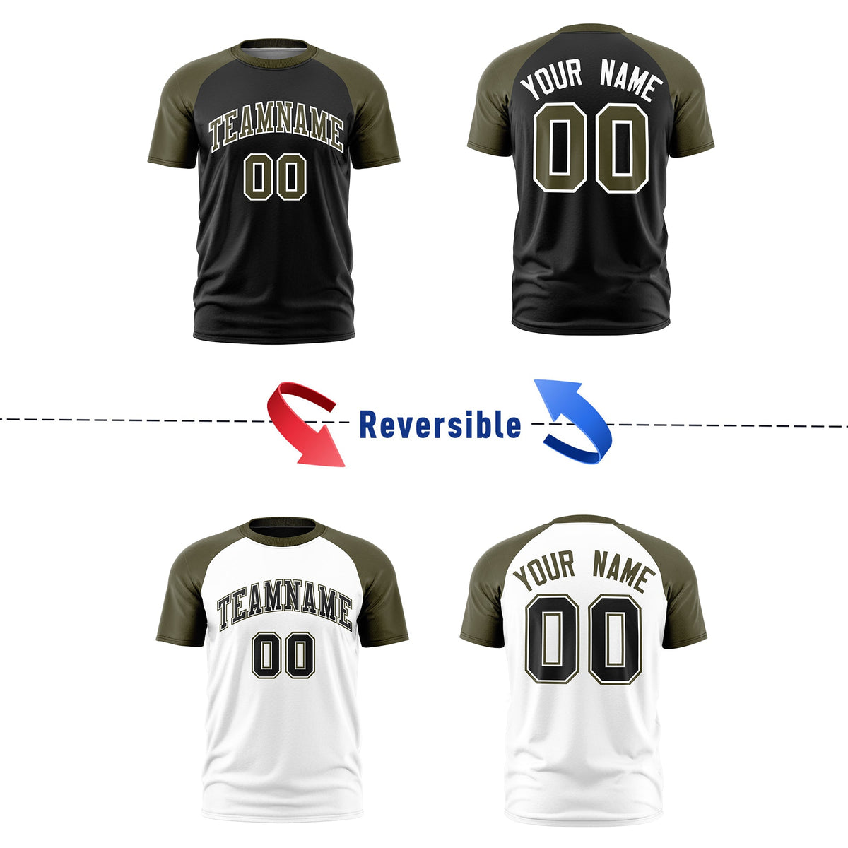 Custom Black Olive White Reversible Raglan Sleeves Quick Dry T-shirt| KXKSHOP