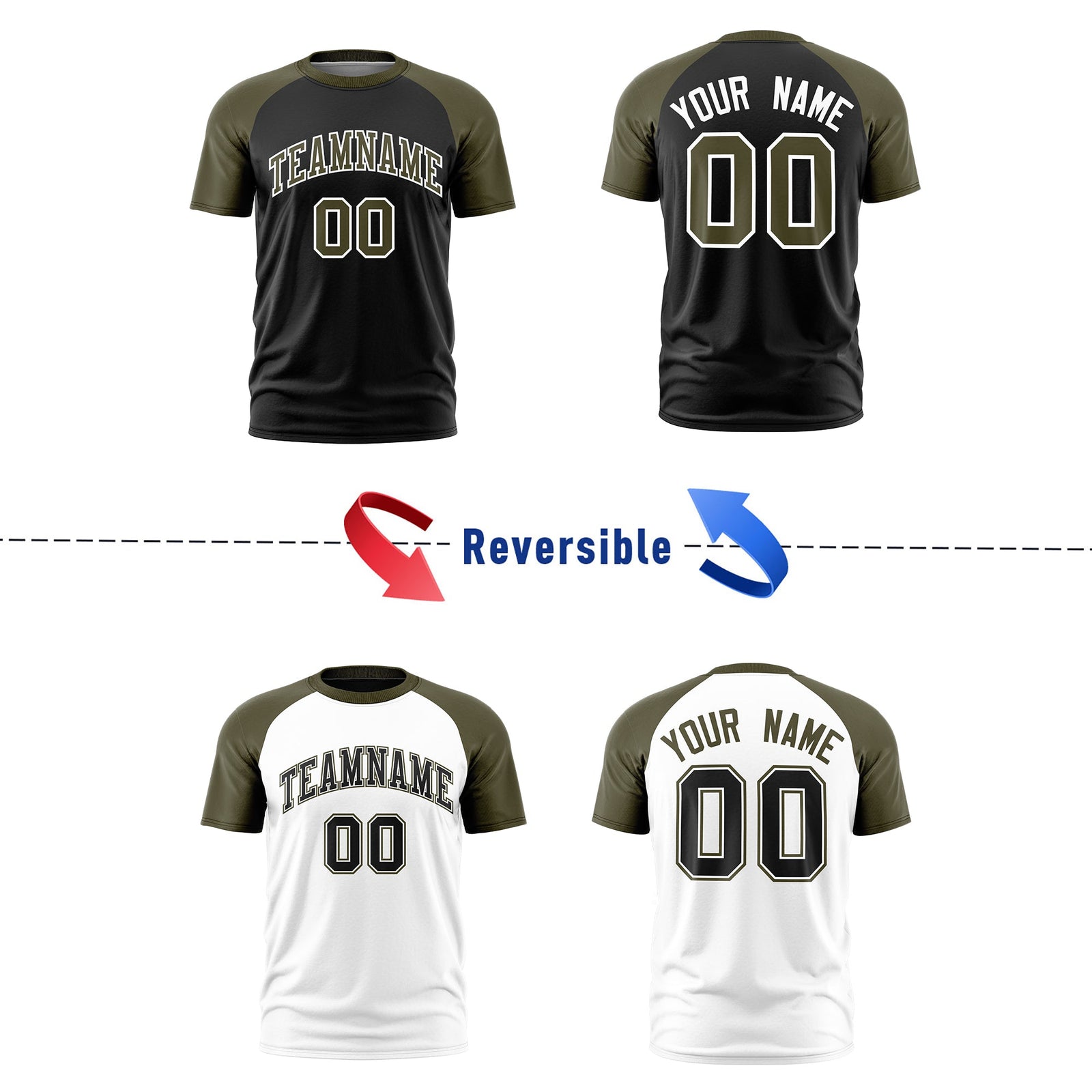Custom Black Olive White Reversible Raglan Sleeves Quick Dry T-shirt| KXKSHOP
