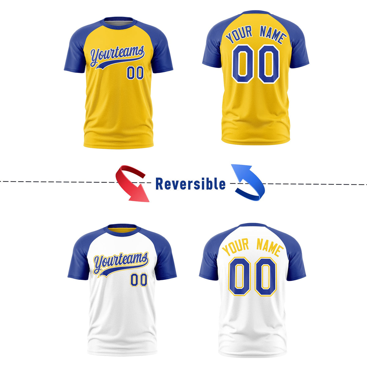 Custom Gold Royal Blue White Reversible Raglan Sleeves Moisture-Wicking T-shirt| KXKSHOP
