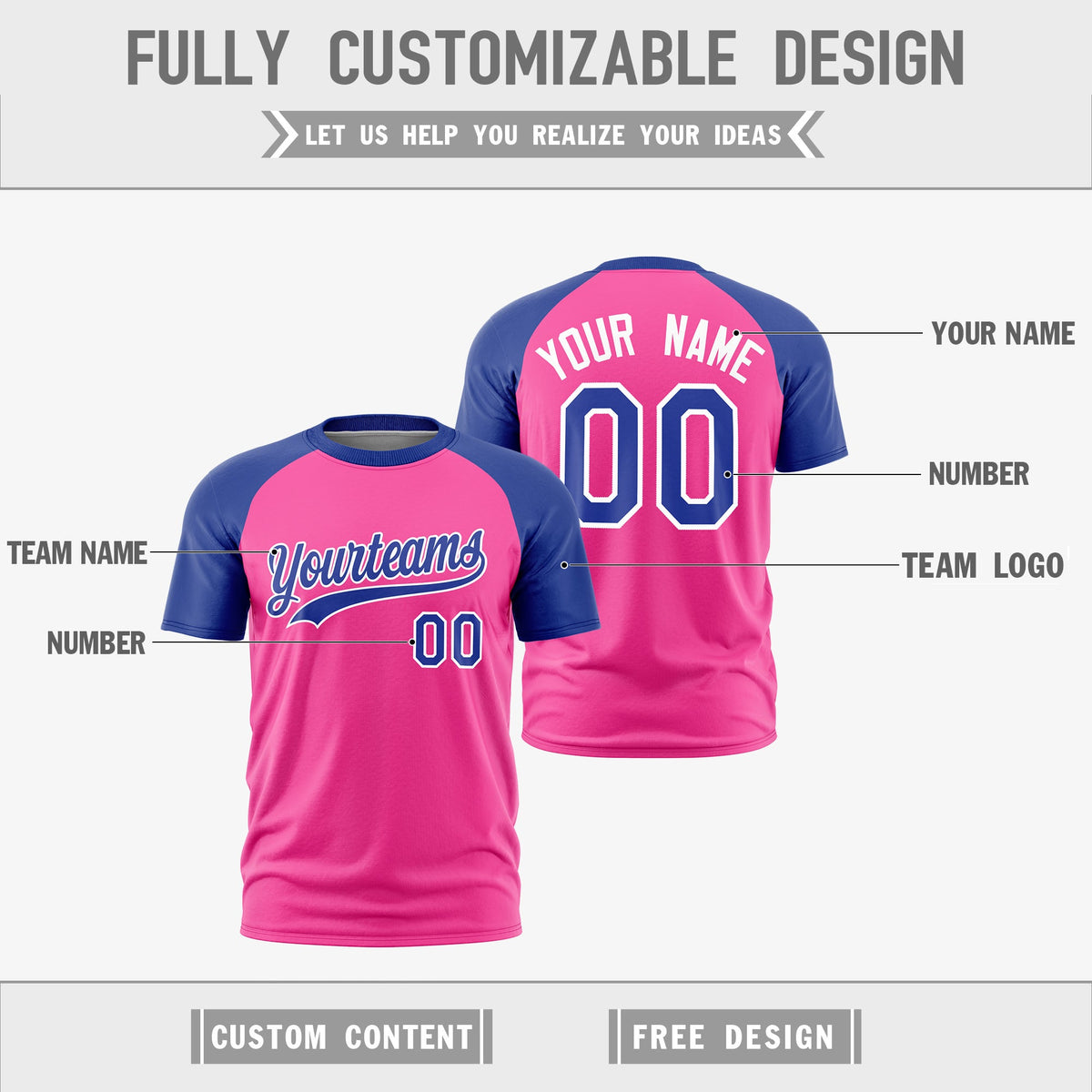 Custom Pink White Royal Blue Reversible Raglan Sleeves Quick Dry T-shirt| KXKSHOP