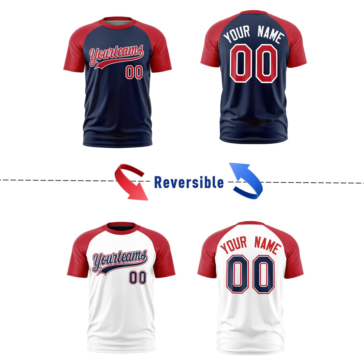 Custom Navy Red White Reversible Raglan Sleeves Moisture-Wicking T-shirt| KXKSHOP