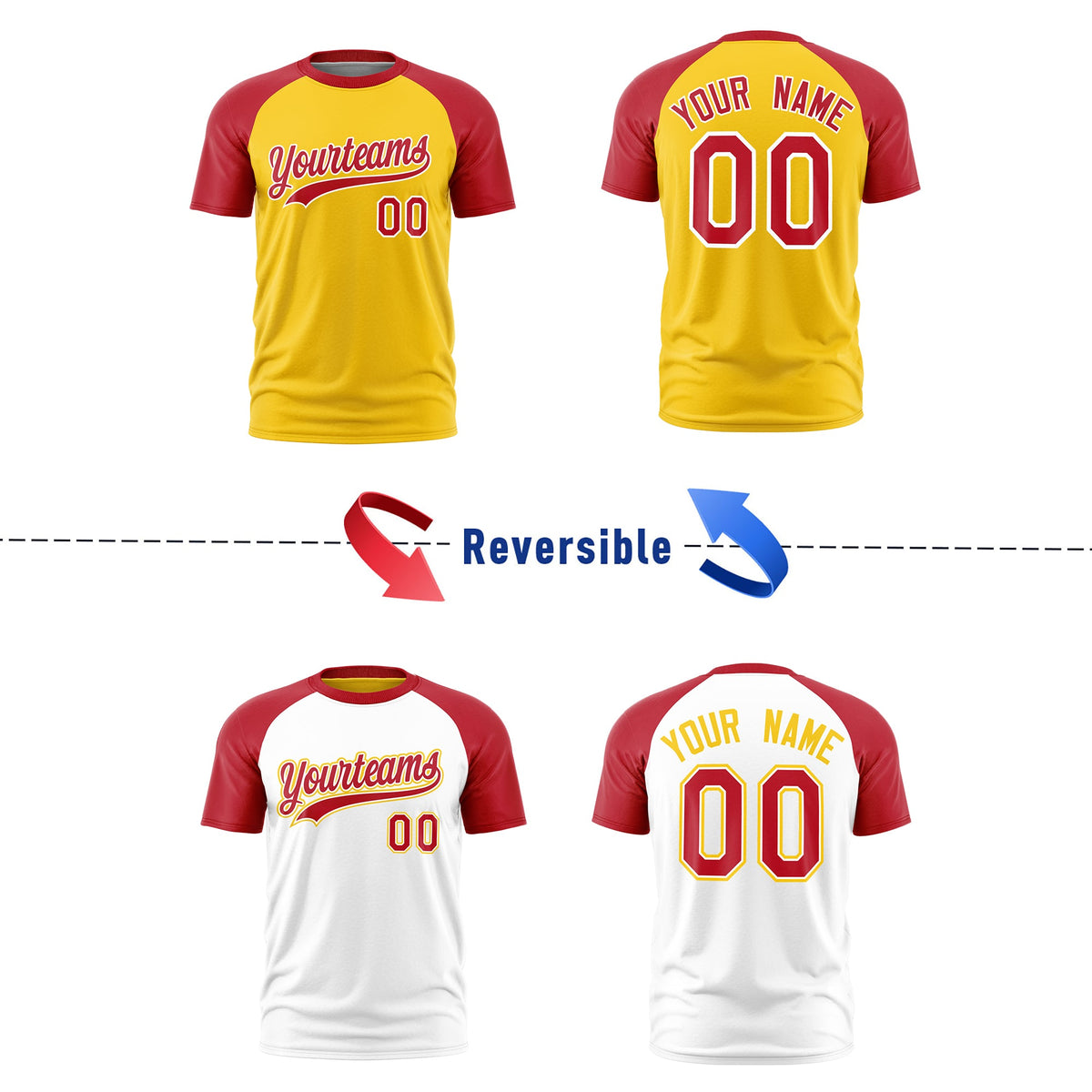 Custom Gold Red White Reversible Raglan Sleeves Moisture-Wicking T-shirt| KXKSHOP