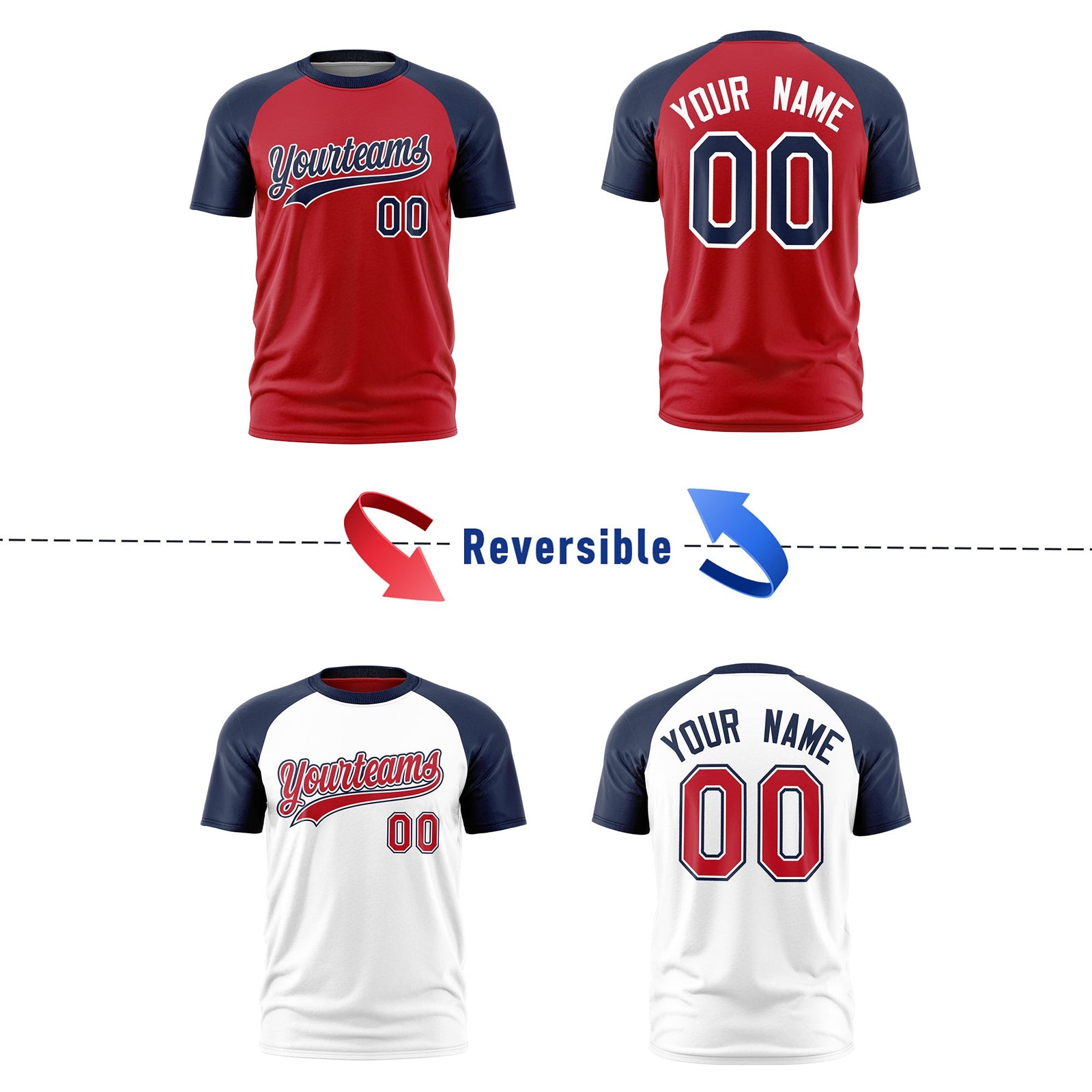 Custom Red Navy White Reversible Raglan Sleeves Quick Dry T-shirt| KXKSHOP
