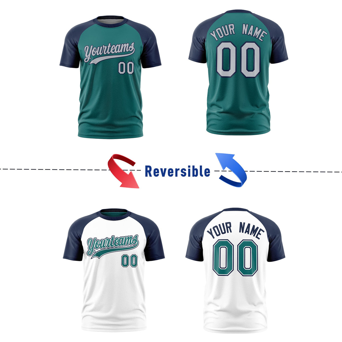 Custom Teal Navy Silver Reversible Raglan Sleeves Moisture-Wicking T-shirt| KXKSHOP