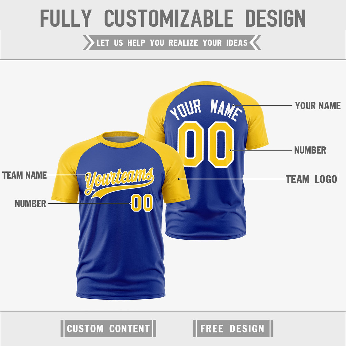 Custom Royal Blue Gold White Reversible Raglan Sleeves Quick Dry T-shirt| KXKSHOP