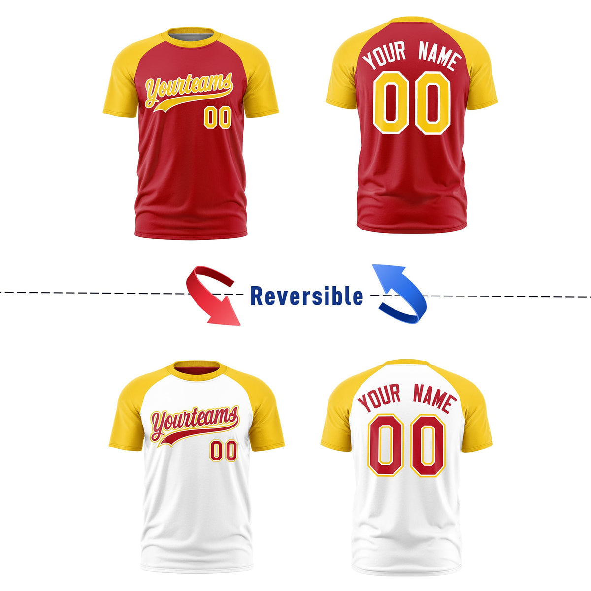 Custom Red Gold White Reversible Raglan Sleeves Moisture-Wicking T-shirt| KXKSHOP