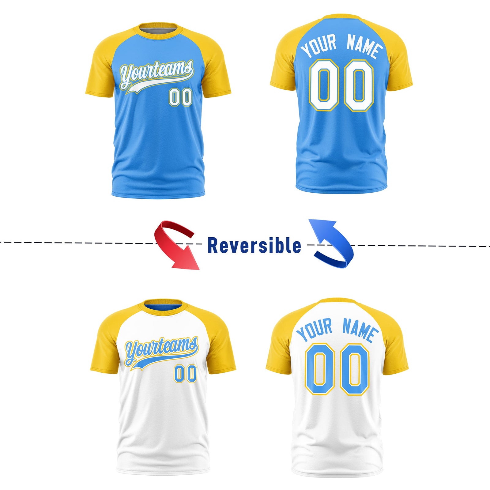 Custom Powder Blue Gold White Reversible Raglan Sleeves Moisture-Wicking T-shirt| KXKSHOP
