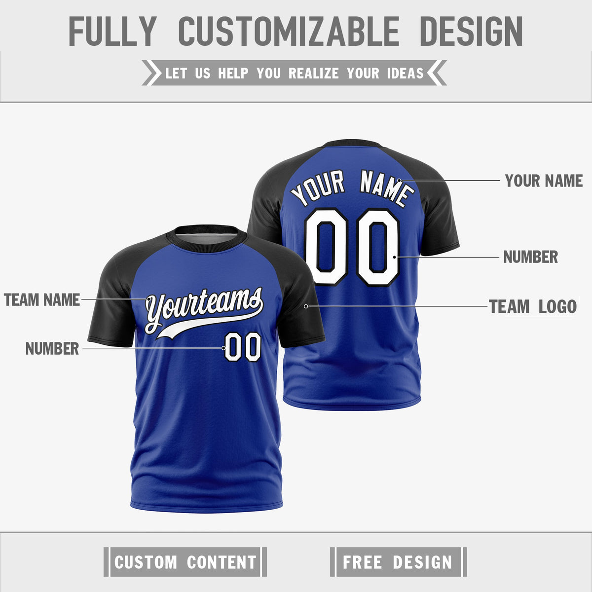 Custom Royal Blue Black White Reversible Raglan Sleeves Moisture-Wicking T-shirt| KXKSHOP