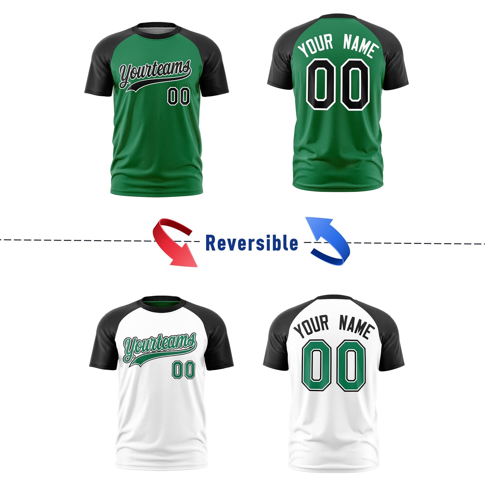 Custom Kelly Green Black White Reversible Raglan Sleeves Quick Dry T-shirt| KXKSHOP