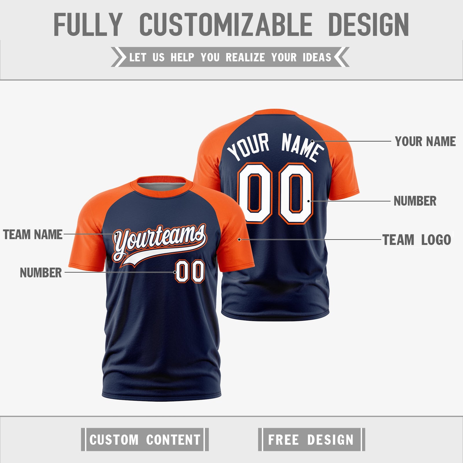 Custom Navy Orange White Reversible Raglan Sleeves Moisture-Wicking T-shirt| KXKSHOP
