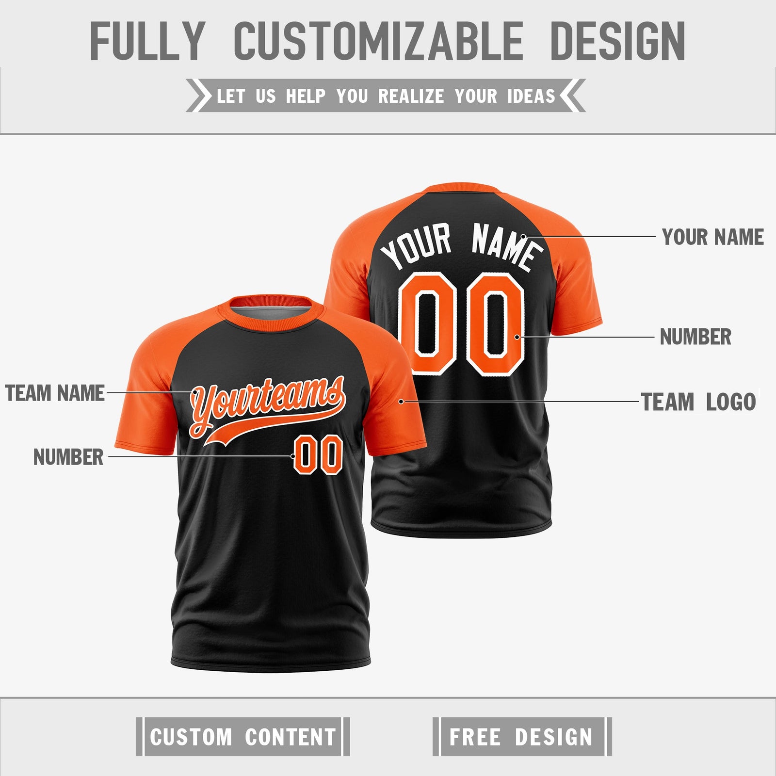 Custom Black Orange White Reversible Raglan Sleeves Quick Dry T-shirt| KXKSHOP