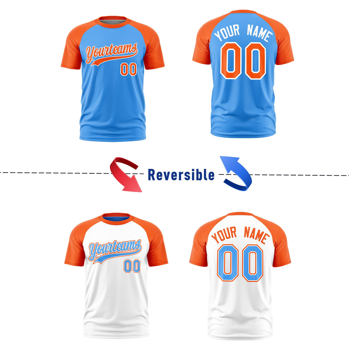 Custom Powder Blue Orange White Reversible Raglan Sleeves Moisture-Wicking T-shirt| KXKSHOP