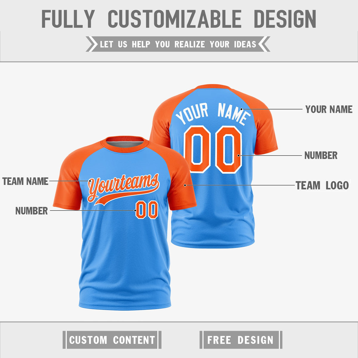 Custom Powder Blue Orange White Reversible Raglan Sleeves Moisture-Wicking T-shirt| KXKSHOP