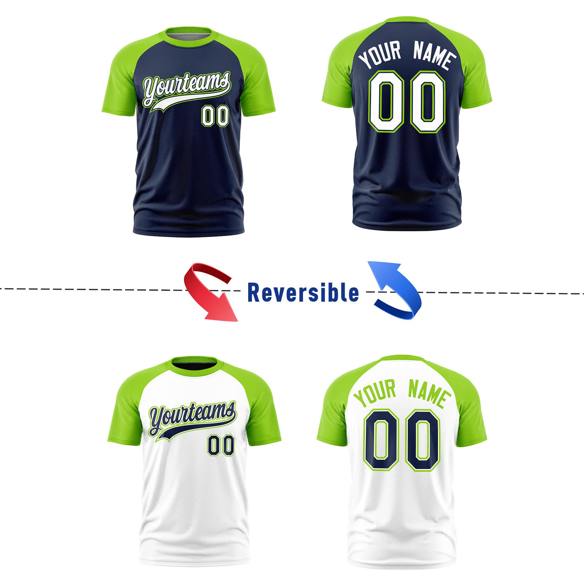 Custom Navy Neon Green White Reversible Raglan Sleeves Quick Dry T-shirt| KXKSHOP