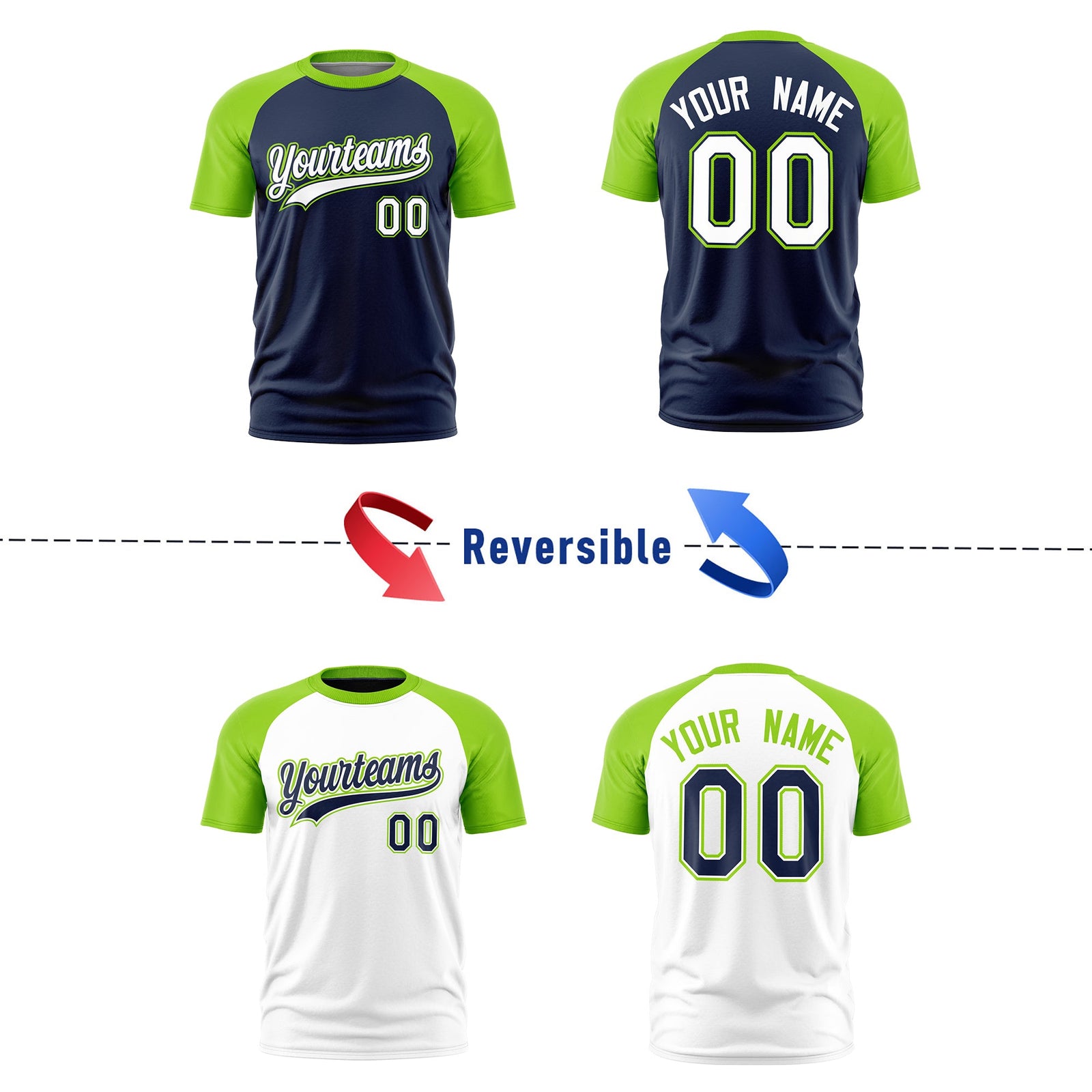 Custom Navy Neon Green White Reversible Raglan Sleeves Quick Dry T-shirt| KXKSHOP