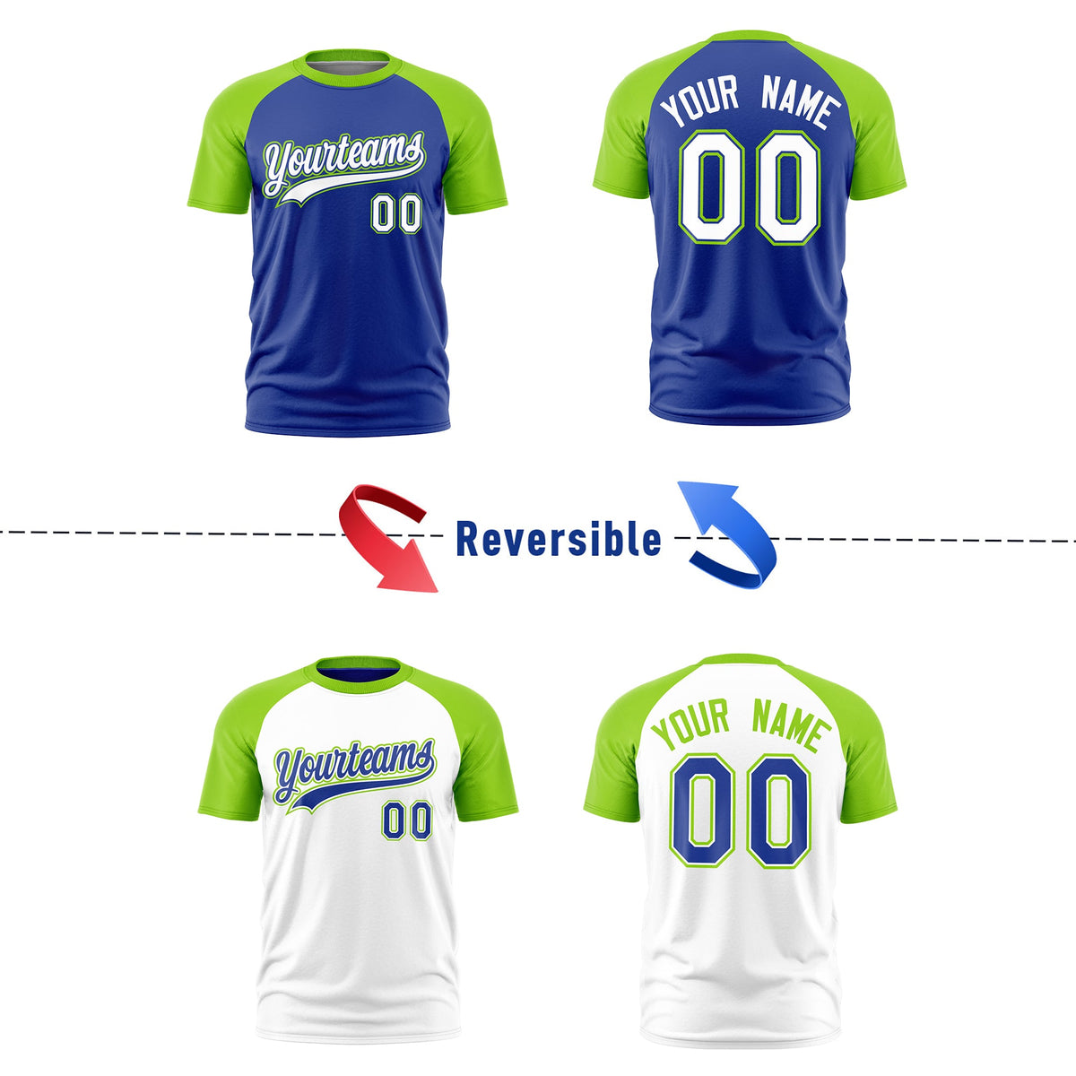 Custom Royal Blue Neon Green White Reversible Raglan Sleeves Moisture-Wicking T-shirt| KXKSHOP