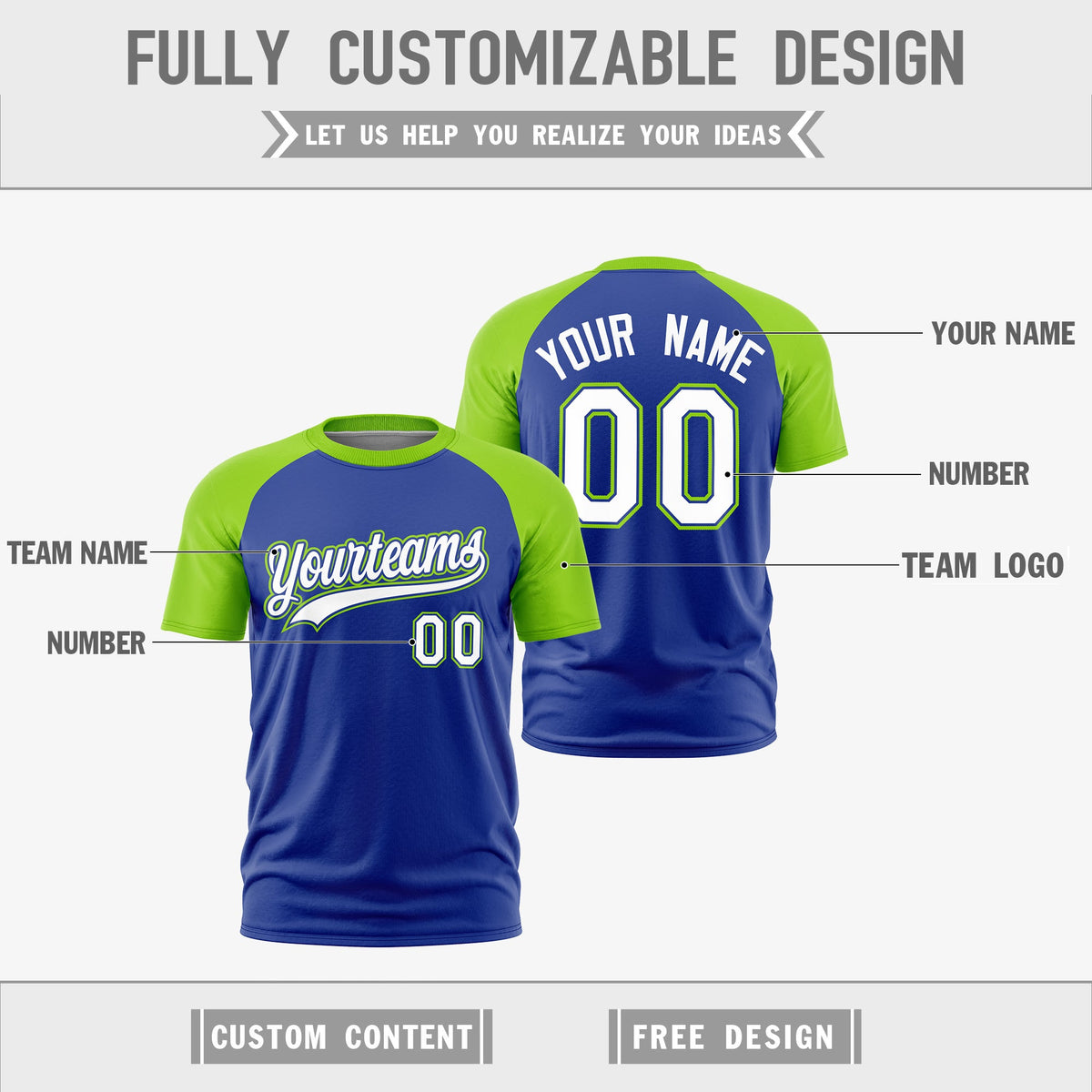 Custom Royal Blue Neon Green White Reversible Raglan Sleeves Moisture-Wicking T-shirt| KXKSHOP