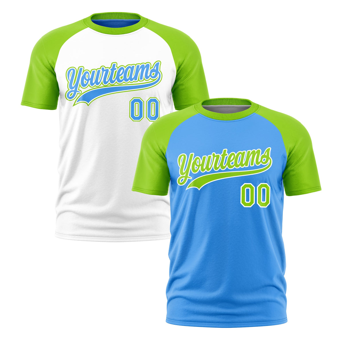 Custom Powder Blue Neon Green White Reversible Raglan Sleeves Quick Dry T-shirt| KXKSHOP