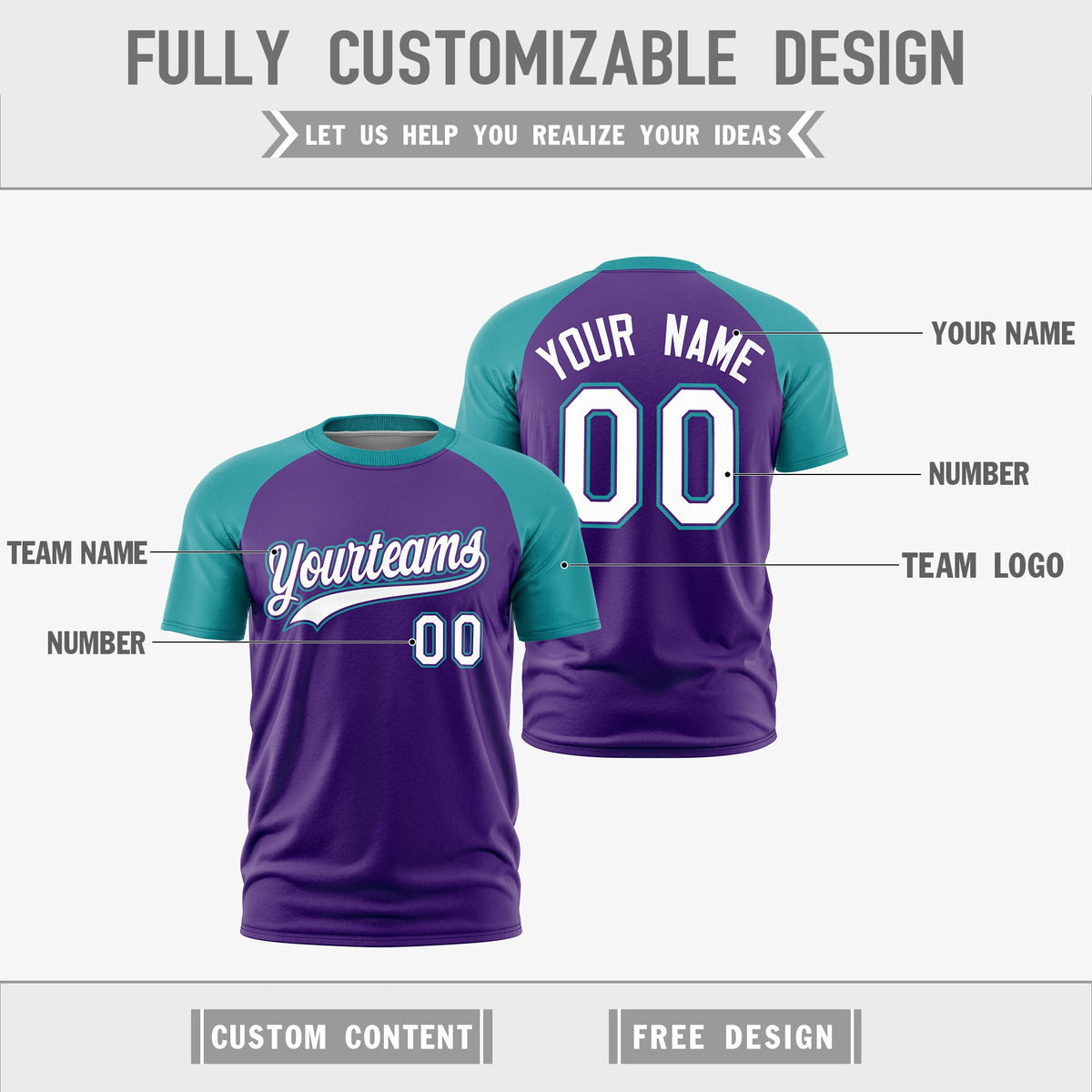 Custom Purple Teal White Reversible Raglan Sleeves Quick Dry T-shirt| KXKSHOP